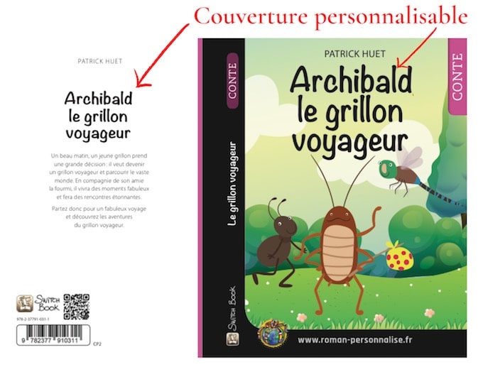 Couverture personnalisable roman personnalisé Archibald Le grillon voyageur